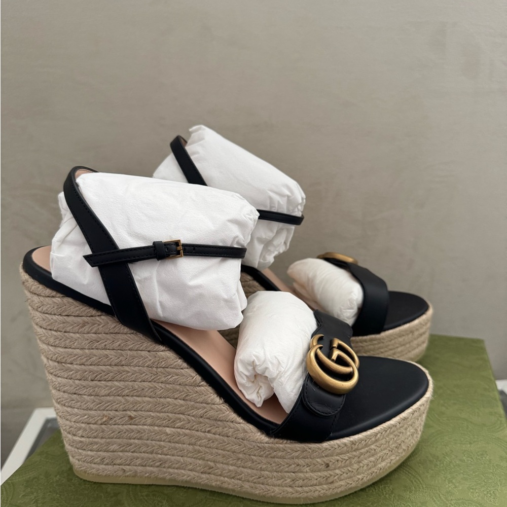 Gucci Lifford  Elegant Black Wedge/platform espadrille Sandals size 42 - Picture 3 of 9